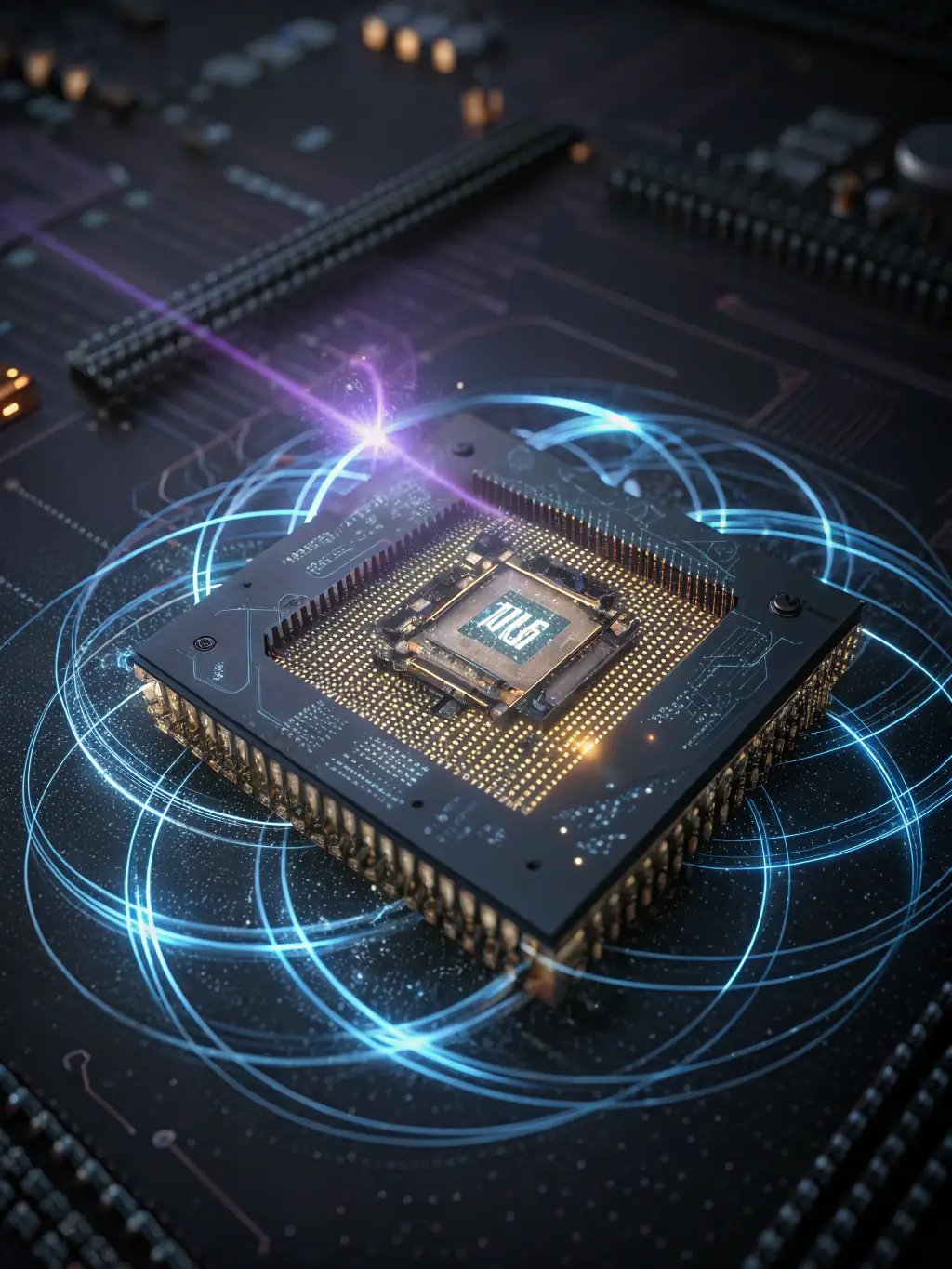 A futuristic rendering of a quantum computer interacting with financial data streams, showcasing the potential of quantum AI in wealth management. The image is vibrant and dynamic, highlighting the cutting-edge nature of the technology.