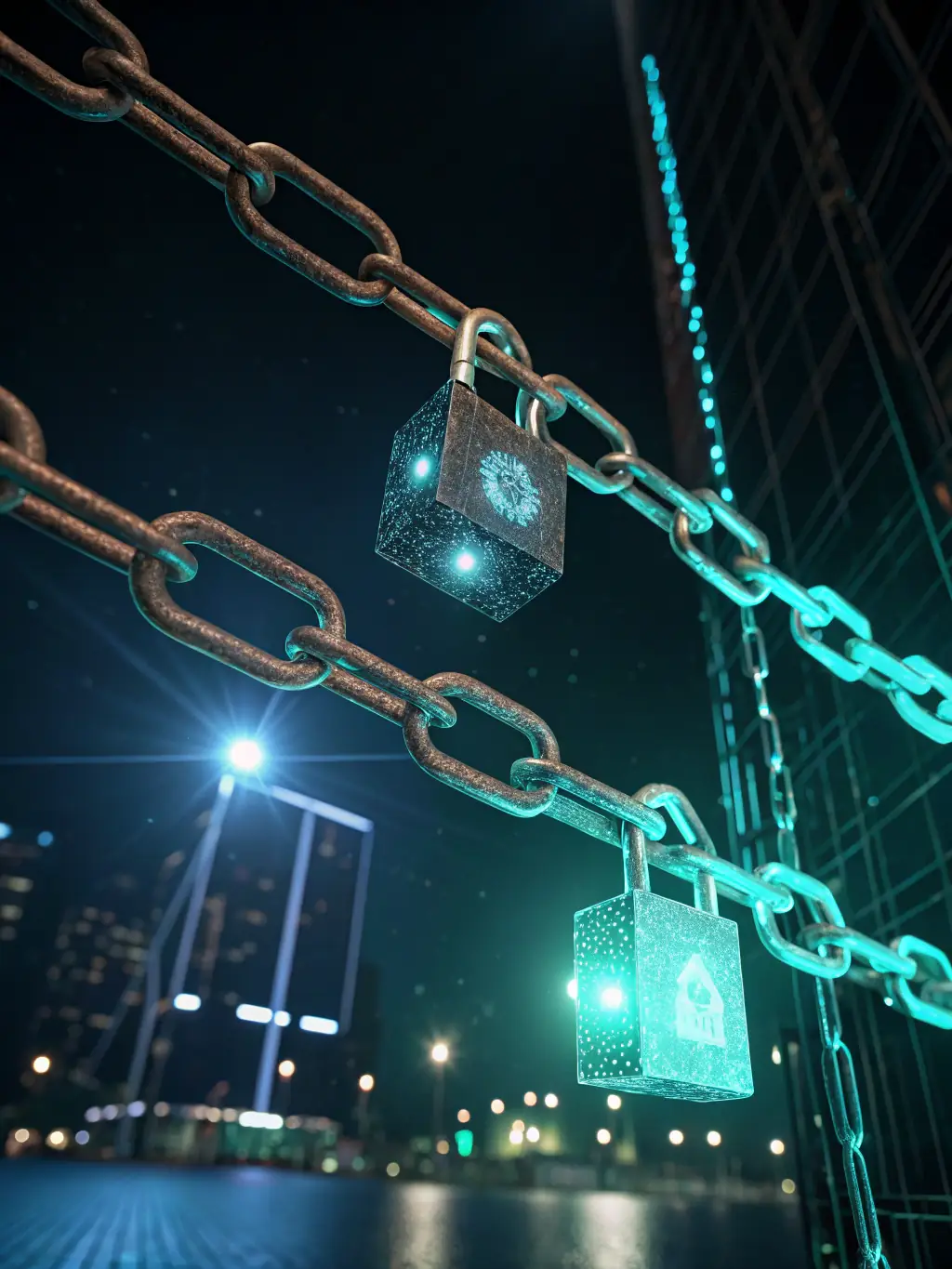 A photograph of a blockchain network visualization, with glowing nodes and interconnected lines, symbolizing the decentralized and secure nature of cryptocurrency technologies. The image is set against a dark background to emphasize the network.